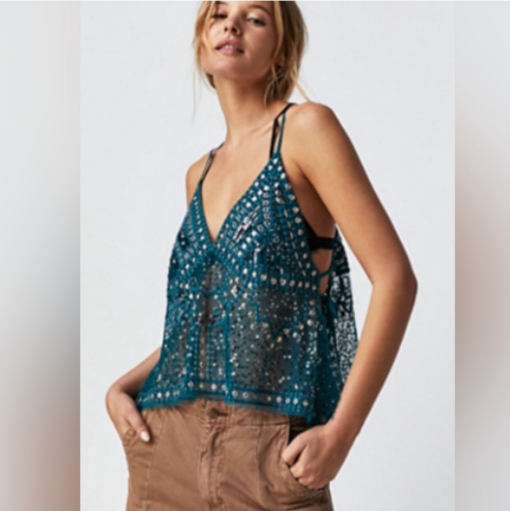 Free People Highway Teal Sequin Tank Top